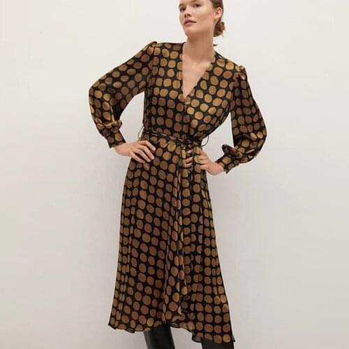 2021 Long Dresses Women Dot Print Bohemian Maxi Sashes Dress Casual Long Sleeve V Neck Party Dress Vestidos grace