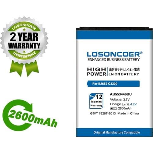 LOSONCOER Battery 2650mAh AB553446BU Battery For Samsung E2652 C3300 C3300K E2120 E3300 S5150 M3200 B100 L250 L258 M628