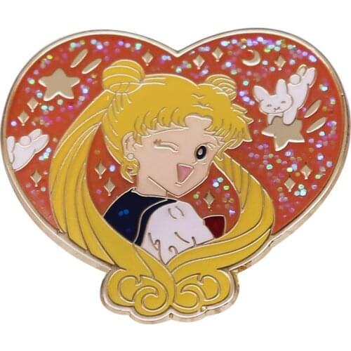 Anime Girl Sailor Tsukino Usagi Heart Shape Cartoon Glitter Metal Enamel Lapel Clothes Coats Bag Badge Brooch Pin Accessories