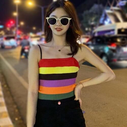 DAXIN Spring Women Rainbow Striped Crops Tops Harajuku Straps Tank Top Camis Knit shirt camiseta Female Crop Top Ladies Shirt