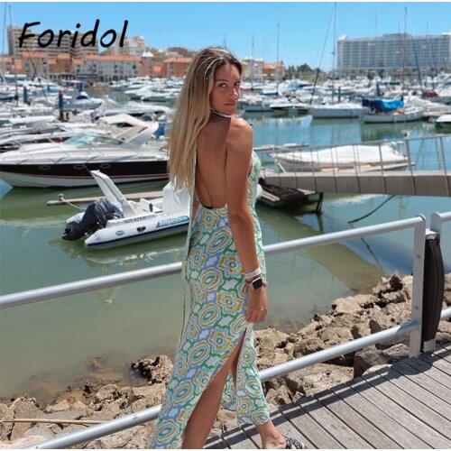 Foridol Flower Print Boho Maxi Long Slit Dress Womens Summer Sleevless Halter Green Dresses Backless Sexy Beach Dress Vestidos