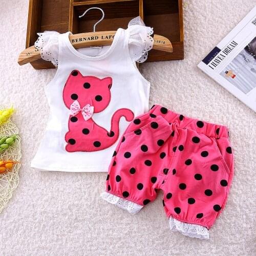 2016 Summer Korean Children Fly Sleeve Bow Suit Small Cute Cat Shorts Suit Baby Girls Clothing Set Kids Polka Dot Clothes Suit
