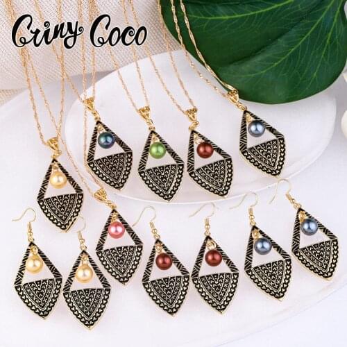 Cring Coco Hawaiian Jewelry Sets Women Polynesian Samoan Geometric Red Yellow Black Pearl Drop Earrings Necklaces Set Wholesale