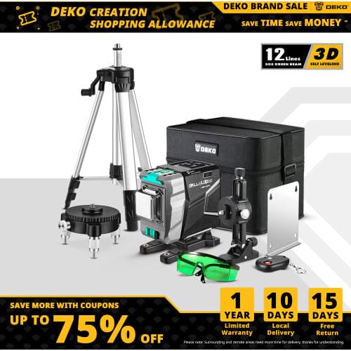 DEKO DKLL12tdP02 Series 12 Lines 3D Green Laser Level Horizontal&Vertical Cross Lines With Auto Self-Leveling, High-Precision