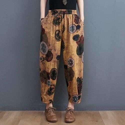 Summer Pants 2021 New Arrival Print Ethnic style Vintage Women Pants High Waist Harem Pants Cotton Linen Woman Casual Pants