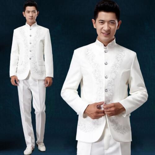 2020 new arrival chinese tunic suit men suit set with pants mens suits wedding groom formal dress suit stage stand collar white