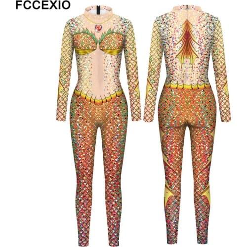 FCCEXIO The Shining Mermaid Pattern Fish Scales 3D Print Sexy Bodysuits Cosplay Costume Jumpsuit Adults Onesie Skinny Outfits