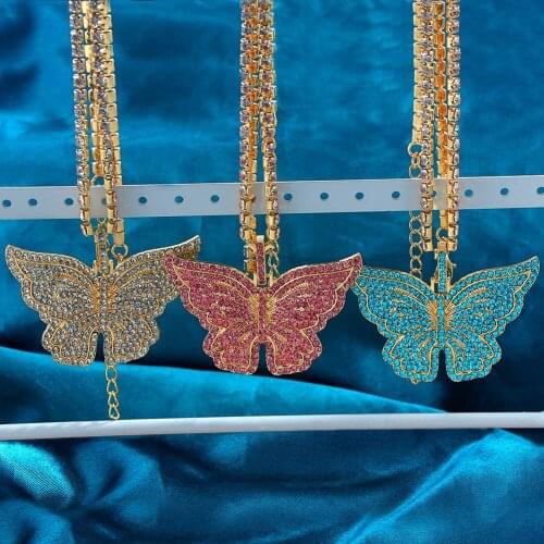 JUST FEEL Multicolor Rhinestone Big Butterfly Pendant Necklace for Women Crystal Tennis Chain Choker Necklace Statment Jewelry