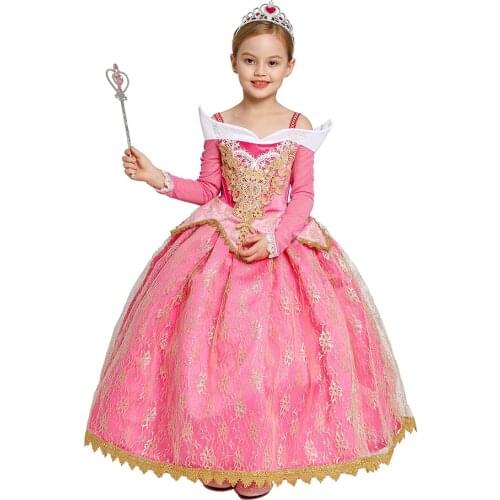Deluxe Girls Christmas Ball Gown Pink Long Sleeve Wedding Party Dress Princess Sleeping Beauty Costume Kids Performance Vestidos