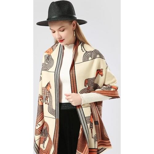 Luxury brand Winter Double sided Scarf Women Cashmere Warm Pashmina Foulard Lady Luxury Horse Scarves Thick Soft Shawls Wraps