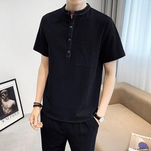 Summer Solid Color Pullover Shirts Men Stand-up Collar Korean Short Sleeve Casual Shirt Streetwear Social Nightclub Men Clothes