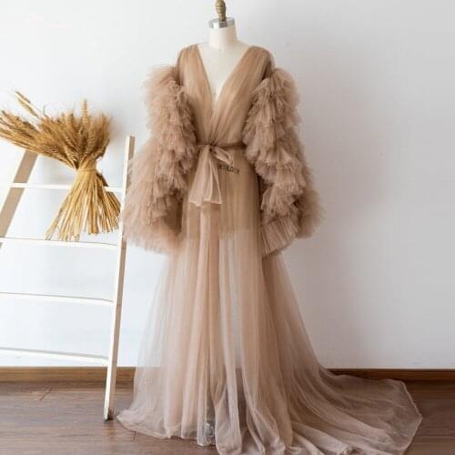 LZY014 Sexy Tulle Fluffy Maternity Robes For Photography See Through Sheer Ruffled Mesh Formal Dresses Photo Shoot