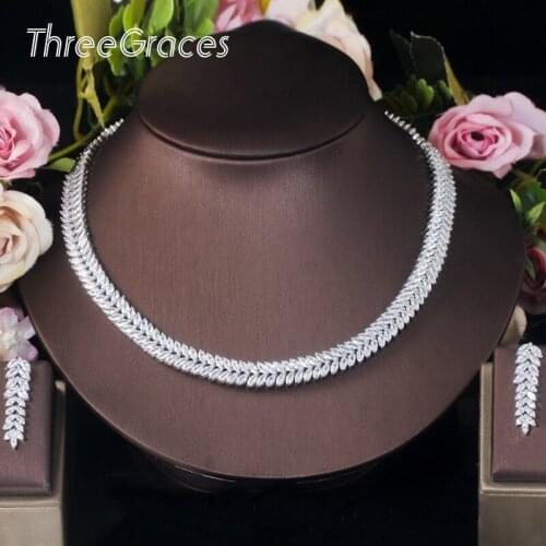 ThreeGraces Classic Sparkling Cubic Zirconia Women Party Wheat Shape Necklace Earrings Jewelry for Brides Wedding Sets TZ530