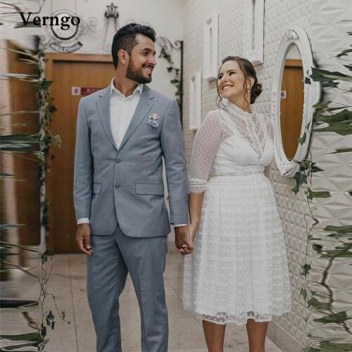 Verngo Vintage A Line Polka Dotted Tulle Short Wedding Dresses High Neck Lace 2/3 Sleeves Tea Length Bridal Gowns Plus Size