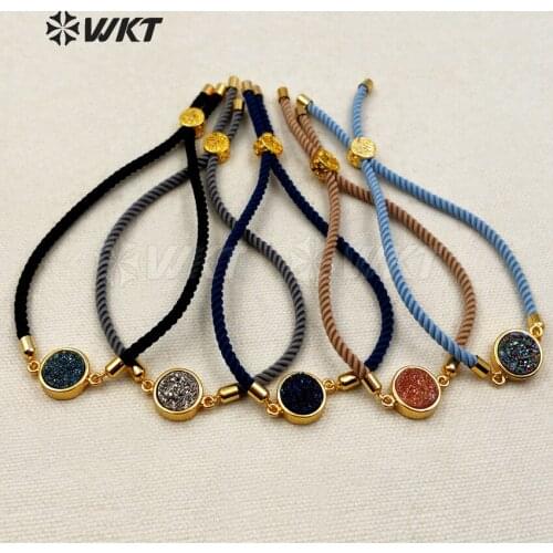 WT-B389 Wholesale Cute Druzy A-gate Bracelet Strech Cotton Rope Chain Round Shape Onyx Plated Titanium Stone Bracelet For Women