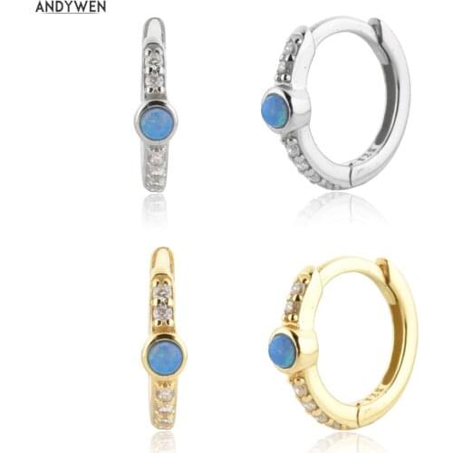 ANDYWEN 925 Sterling Silver 8.5mm Blue Eye Luxury Hoops Piercing Huggies Earring Women Crystal Wedding Party Fine Jewelry