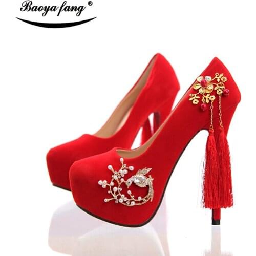 New Flock Tassel Red Fashion shoes Women wedding shoes Bride 14cm high heels platform shoes round toe peacock Red Bridal shoes