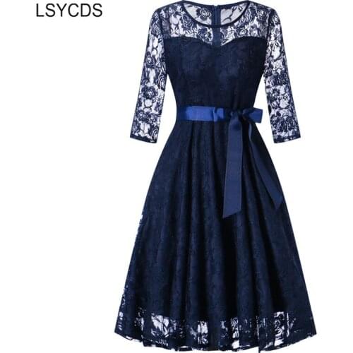 LSYCDS 2020 Autumn Vintage Blue Lace Dress Women 3/4 Sleeve A-Line Ladies Dress Sexy Knee-Length Prom Elegant Lace Dresses