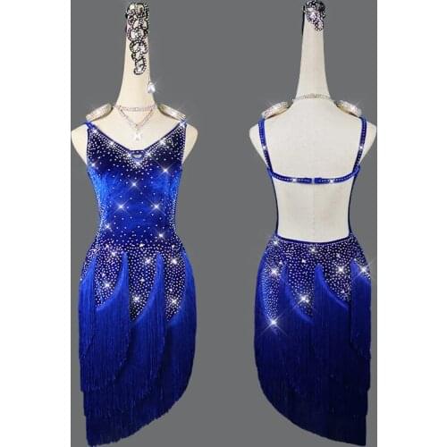 Blue Latin Dance Professional Competition Dress Rhinestone Women Sexy Backless Tassel Tango Performance Stage Clothes VDB3847