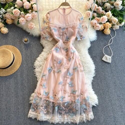 Womens Spring Summer Runway Fashion Butterfly Embroidery Mesh Dress Female Travel Chic Party Dress TB1834