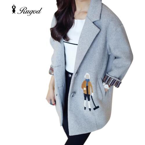 Rugod 2019 New Korean Women Woolen Jacket Female Casual Cotton-padded Winter Coat Cartoon Embroidery Wool Coat Casaco Feminino