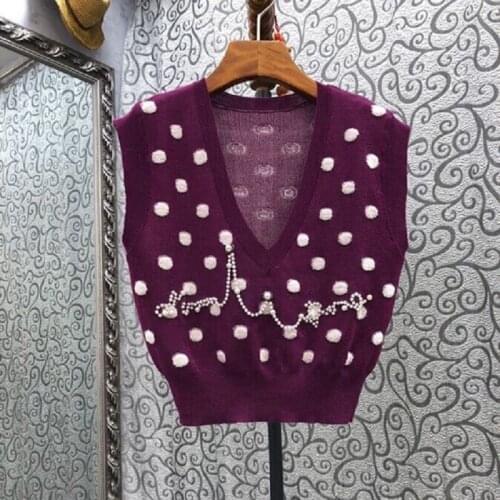 High Quality Vest Sweaters 2021 Autumn Winter Vest Women V-Neck Hand Made Beading Polka Dot Patterns Sleeveless Purple Pullovers