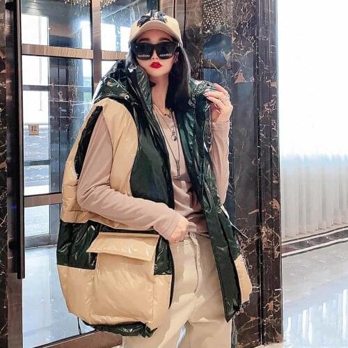 Winter Women Vest Sleeveless Jacket Hooded Coat Fashion Patchwork Down Cotton Vest Jackets Women Loose Thick Warm Waistcoat