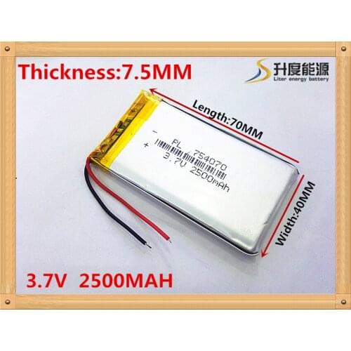 1pcs/lot Free shipping Dual handsome 3.7V lithium polymer battery 754070 2500mah MP3 MP4 MP5 small toys