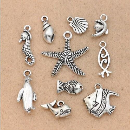 10pcs Mixed Antique Silver Plated Starfish Dolphin Shells Hippocampus Charms Pendants Jewelry Making Diy Crafts