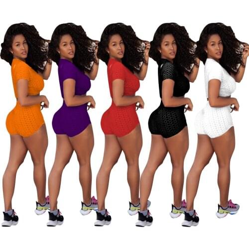 11TS1102 Summer fashion new casual womens Jacquard lattice short sleeve shorts sports leisure two piece set