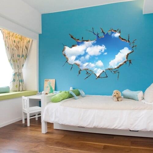 3D Wall Stickers Home Decor Blue Skye White Clouds Broken Wall Paper Living Room Decoration