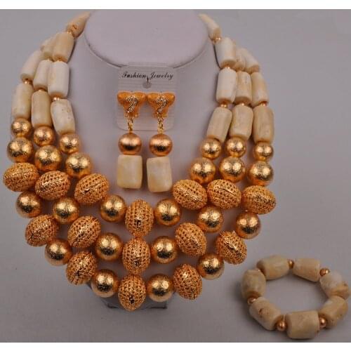 White Coral and Gold Balls Bridal Jewelry Set Wedding Jewellery Set African Nigerian Beads Necklace Earrings Bracelet Set