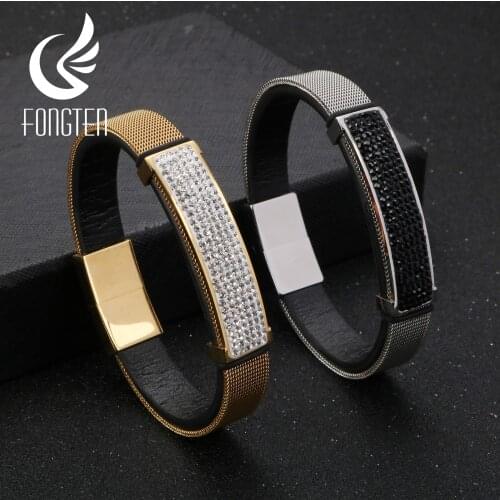 Fongten Zircon Watch Band Bracelet for Men Stainless Steel Mesh Chain Hip Hop Fashion Male Cuff Bracelets Pulsera Jewelry