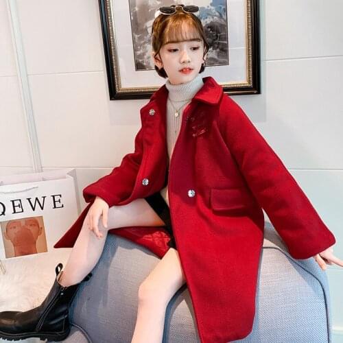 Woolen Girls Babys Kids Coat Jacket 2021 Red Warm Thicken Winter Autumn Cotton Pocket Buttons Outerwear Childrens Cloth