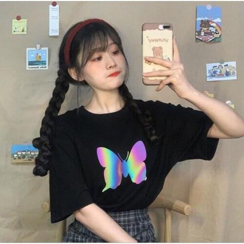 Fashion Butterfly Print T shirts Women Spring Summer Short Sleeve Round Neck Woman T-shirt Cotton Spandex Tee shirt Femme