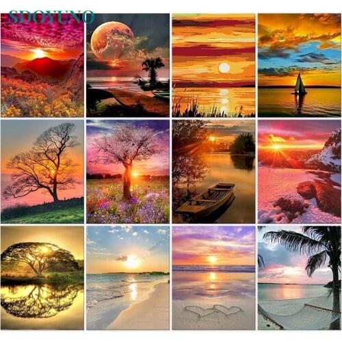 SDOYUNO 60x75cm DIY Oil Painting By Numbers Kits Sunset Scenery Paint By Numbers On Canvas Frameless Hand Painting Home Decor