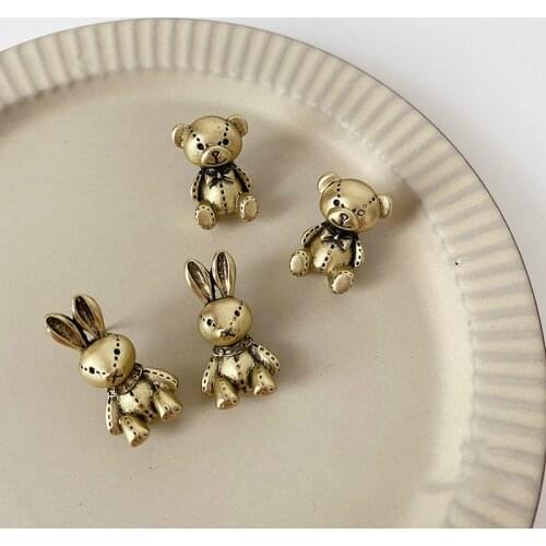 Minar Korean Cute Metallic Bear Rabbit Hanging Earrings for Women Girl Gold Color Alloy Animal Drop Dangle Earrings Pendientes