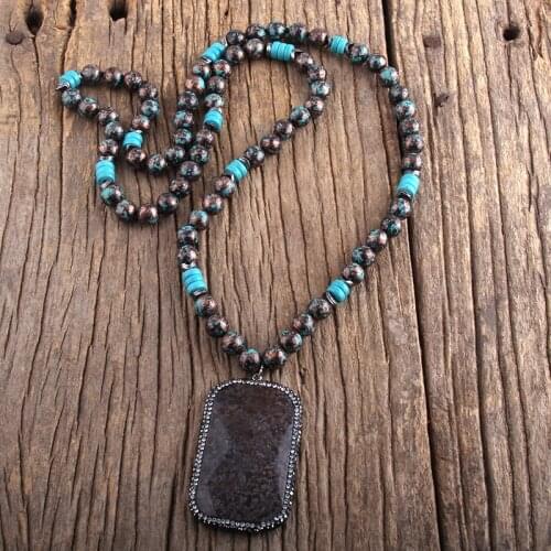 RH Fashion Boho Jewelry Accessory 10mm CCB Bead Long Knotted With Rectangle Pave Stone Pendant Necklaces For Women Gift