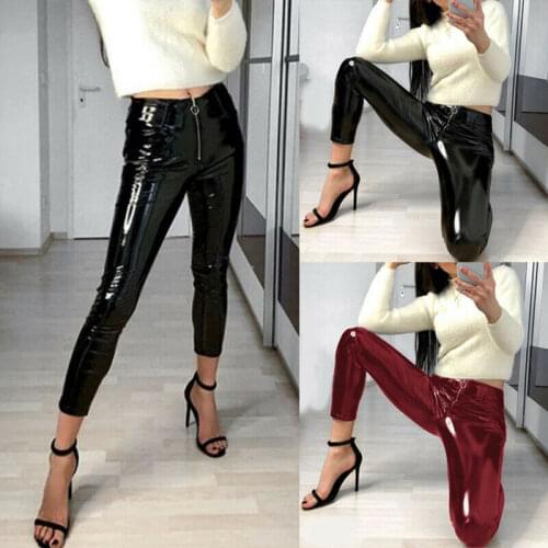 Women Fashion Fitness Pencil Zipper Legging Casual Pants Patent Leather Trousers