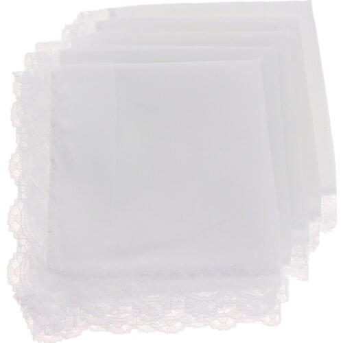 5pcs 100% Cotton Solid White Handkerchiefs with Lace Edge Classic Hankies