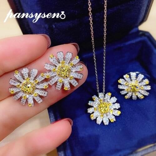 PANSYSEN 100% 925 Sterling Silver Flower Design Simulated Moissanite Pendant Necklace/Earrings/Ring Jewelry Sets Wedding Gifts