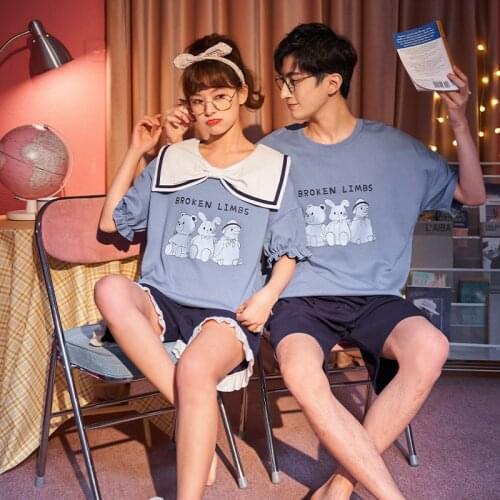 Couples Pajamas Set Women Men Cartoon Korean Pyjamas Sleepwear Summer Short Sleeve Pijama Suit Femme Nightgowns Nightwear XXXL