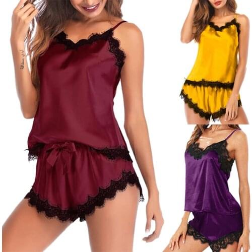 Womens Sleepwear Sexy Satin Set Black Lace V-Neck Pyjamas Sleeveless Cute Cami Top and Shorts Pijama Mujer Algodon Veran