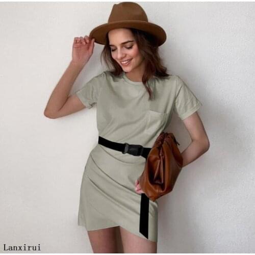 Leisure A-line elegant round neck dress Short womens solid color dress With belt business style spring and summer