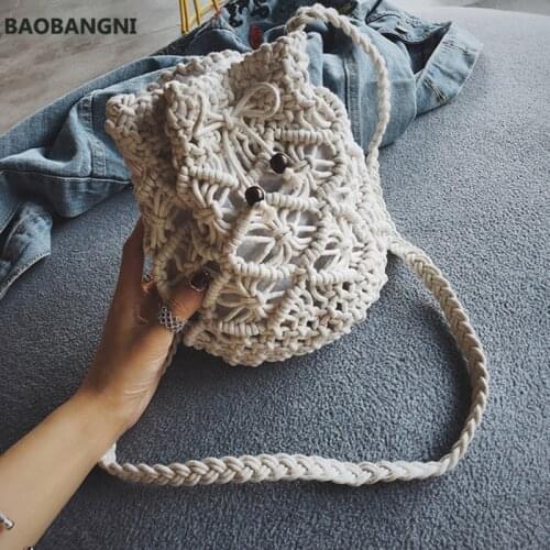 Cotton Rope Woven Womens Shoulder Bag Bohemian Handmade Crossbody Bags Knitted Summer Bucket Straw Beach Bag Female Handbags