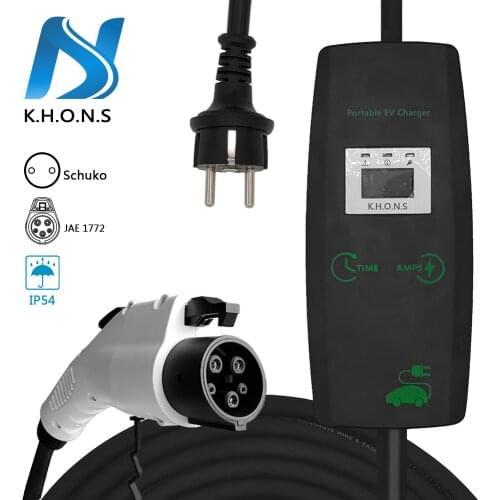 KHONS Portable Electric Vehicle Charger 6/16Amp 220V 3.7KW EVSE Schuko Plug Holder Car Charging Cable Tpye1 Female SAE J1772