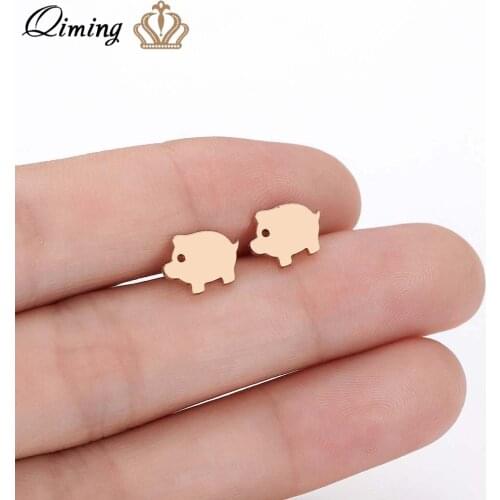 QIMING Tiny Lovely Pig Stud Earrings For Women Baby Kids Jewelry Zodiac Animal Cute Earring Girls Party Birthday Gift