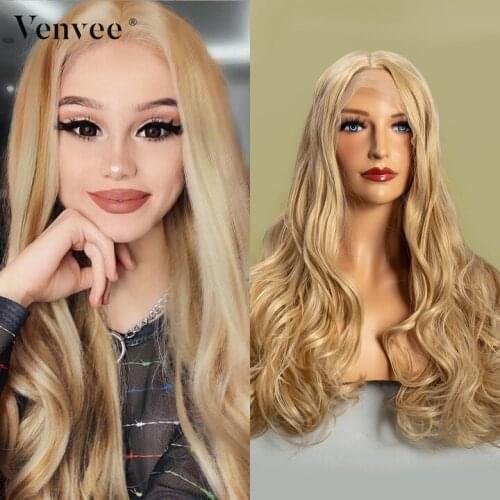 Venvee Synthetic Wigs 13x4 Lace front Synthetic wigs for women Daily use Body Wave Blonde and Natural color high heat resistance