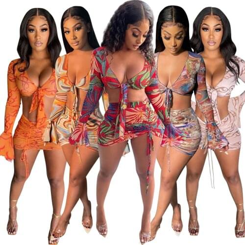 Sexy Women Sheer Mesh Pleated Flare Sleeve Two Piece Skirt Set V Neck Lace Up Crop Top Drawstring Mini Skirt Suit Club Outfits
