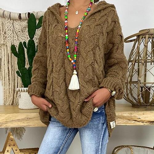 Women Autumn Solid Color Long Sleeve Braided Hooded Pullover Knitted Sweater Twist knitted hooded pullover sweater jacket